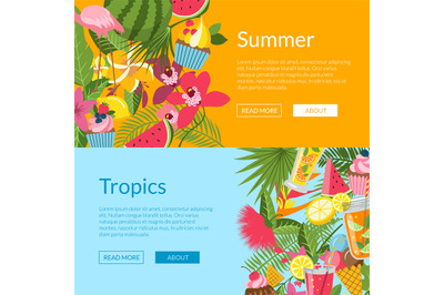 Summer elements&2C; cocktails&2C; flamingo&2C; palm leaves web banner templates