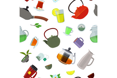 Vector cartoon tea kettles and cups pattern or background illustration