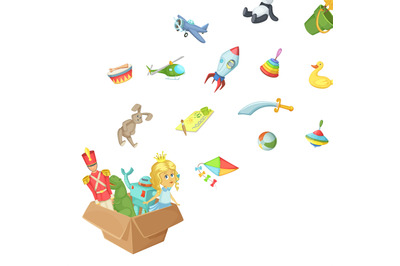 Vector cartoon children toys of box illustration