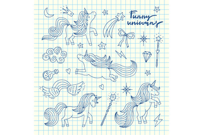 Vector cute hand drawn magic unicorns and stars set on blue cell sheet