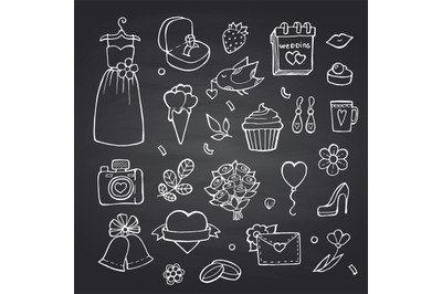 Vector doodle wedding elements set on black chalkboard background illu