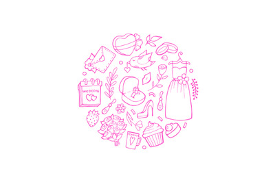 Vector doodle wedding elements in circle shape illustration