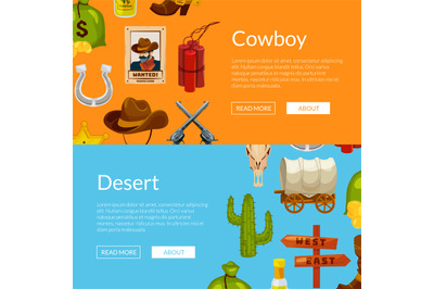 Vector cartoon wild west elements web banner templates illustration