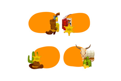 Vector cartoon wild west elements stickers isolated