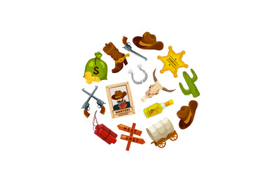 Vector cartoon wild west elements in circle shape illustration