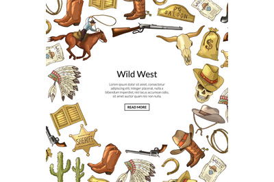 Vector hand drawn wild west cowboy elements background with place for