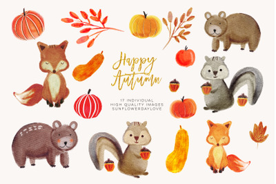 Watercolor forest animals clipart, autumn animal clip art