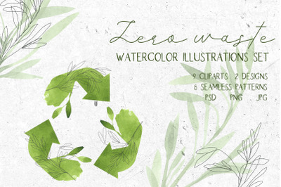 Zero waste. Watercolor illustrations set