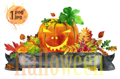 Black banner with colorful falling autumn leaves and pumpkin