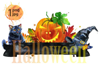 Black banner with colorful falling autumn leaves and pumpkin