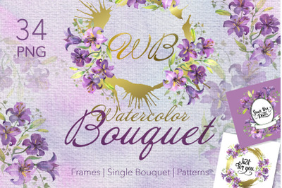 Purple Watercolor &nbsp;Bouquet of lilies PNG set