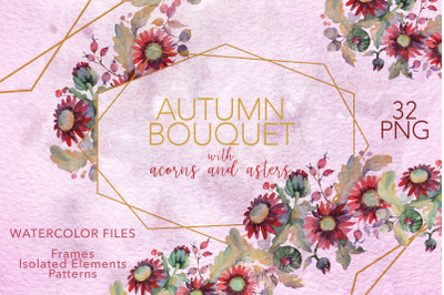 Autumn Bouquet with acorns and asters Watercolor png