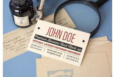 Business card template on letters with envelopes on background