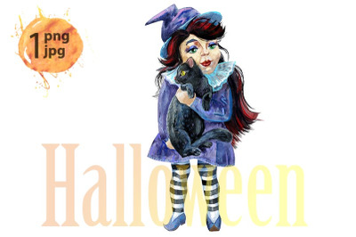 Halloween holiday little girl witch and cat