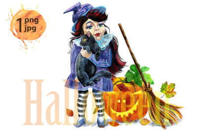 Halloween holiday little girl witch and cat