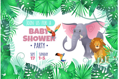 Tropical baby shower. Elephant lion in jungle, african young adorable