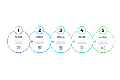 Process flow infographic. 5 steps graphic diagram, circle line busines