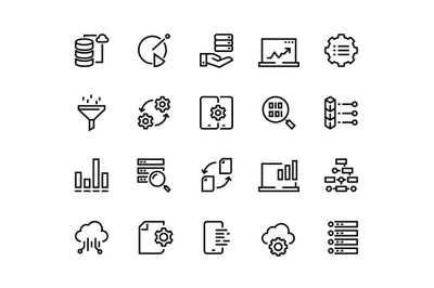 Data analytic line icons. Business technology process digital gear sup