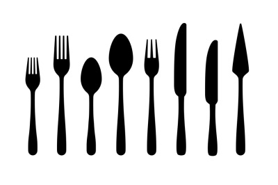 Cutlery silhouettes. Fork spoon knife black icons&2C; silverware silhouet