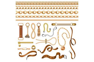 Chain and belt elements. Golden braid leather strap and furniture, fas