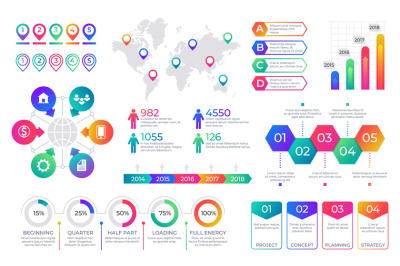 Infographic chart. Timeline graph elements with flow diagrams and perc