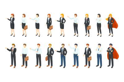 Isometric businessmen. Office employee 3D characters, different men an