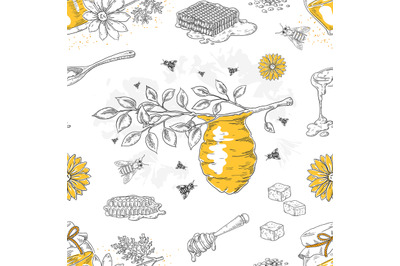 Honey sketch pattern. Hand drawn honeycomb and beehive seamless backgr