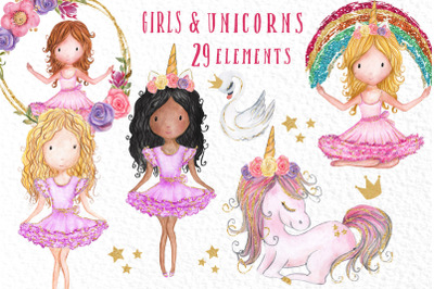 Rainbow Unicorn Clipart Girls clipart Watercolor clipart