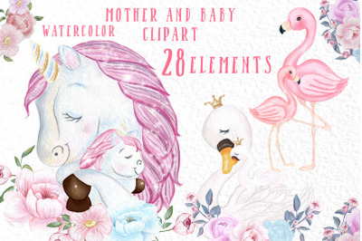 Unicorn clipart Mother and Baby watercolor flamingo