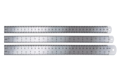 Realistic metal ruler. Measuring tool, 12 inches and 30 centimeters ru