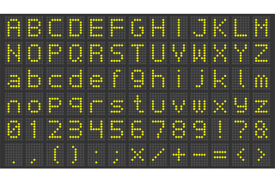 Led display font. Digital scoreboard alphabet, electronic sign numbers