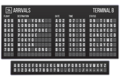 Scoreboard flip font. Arrival airport signs board, railroad arrivals a