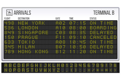 Airport scoreboard. Digital LED board font, arrivals and departures si