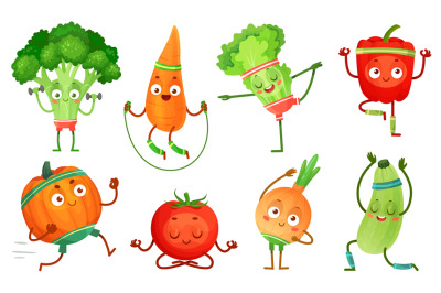 Cartoon vegetables fitness. Vegetable characters workout, healthy yoga