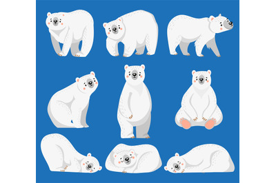 Cartoon polar bear. White bears, arctic wild animal and snow bear isol