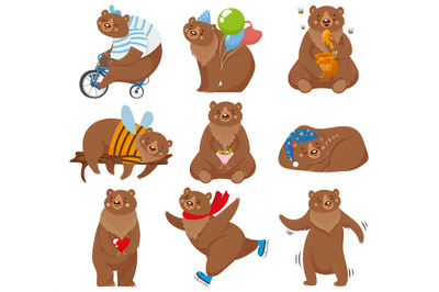 Cartoon bears. Happy bear, grizzly eats honey and brown bear character