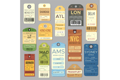 Luggage carousel baggage vintage tag symbols. Old train ticket and air