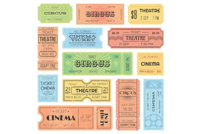 Theater or cinema admit one tickets, circus coupons and vintage old re