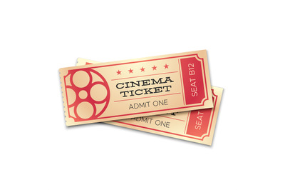 Two cinema or theater realistic tickets with barcode. Admit now coupon