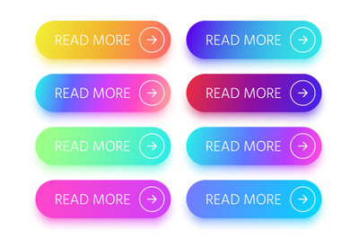 Colorful buttons with Read more sign and arrow icon. Action button wit