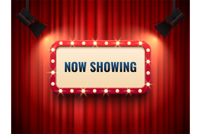 Retro cinema or theater frame illuminated by spotlight. Now showing si