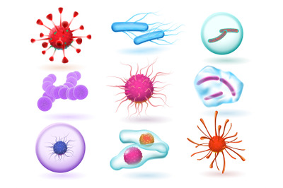 Realistic 3d microbiology bacteria, various virus, nature microorganis