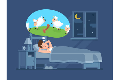 Sleepless man in bed trying to fall asleep counting sheeps. Count shee