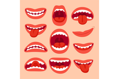 Cartoon mouth elements collection. Show tongue, smile with teeth, expr