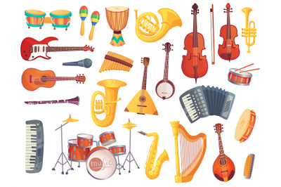 Cartoon musical instruments, guitars, bongo drums, cello, saxophone, m