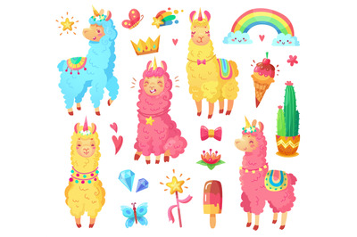 Funny mexican smiling alpaca with fluffy wool and cute rainbow llama u