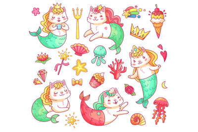 Mermaid kitty cat cartoon characters. Underwater cats mermaids vector