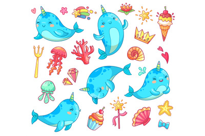 Marine kawaii baby unicorn narwhal. Swimming blue funny anime whale ve