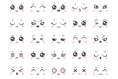 Cute doodle emoticons with facial expressions. Japanese anime style em