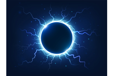 Spectacular thunder and lightning surround blue electric ball. Power e